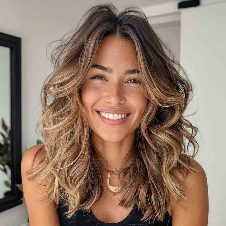 Caramel Balayage on a Medium-Length Wolf Cut