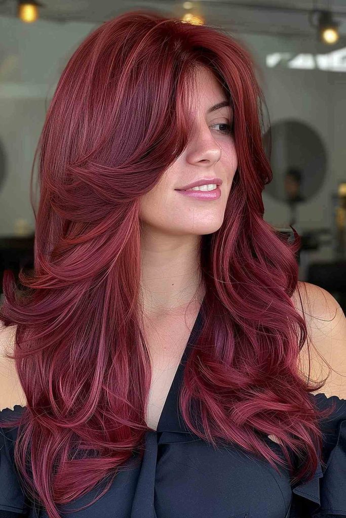 Cherry Red Wolf Cut with Curled Ends