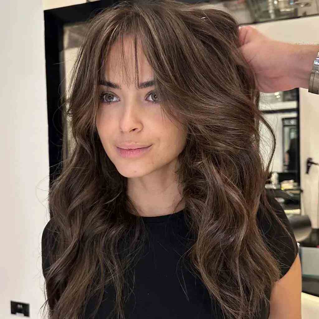 Chocolate Brown Balayage with a Long Wolf Cut
