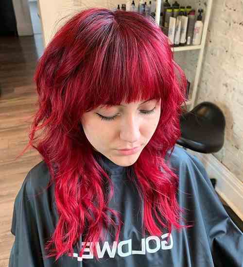 Deep Red Wolf Cut with Tousled Waves