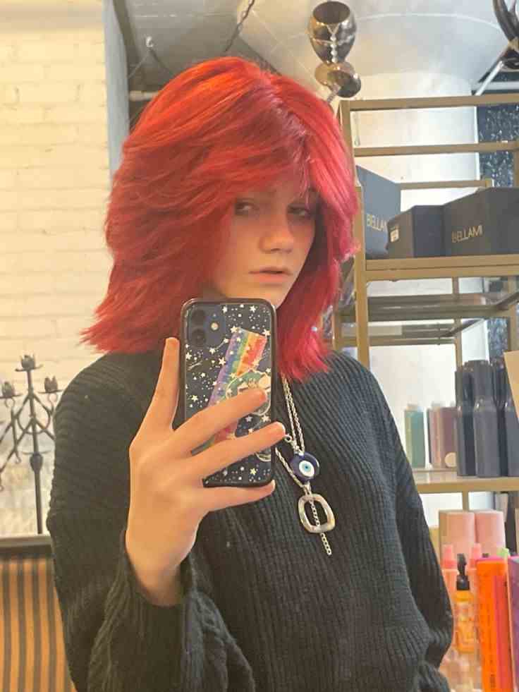 Fiery Red Wolf Cut with Layered Curtain Bangs