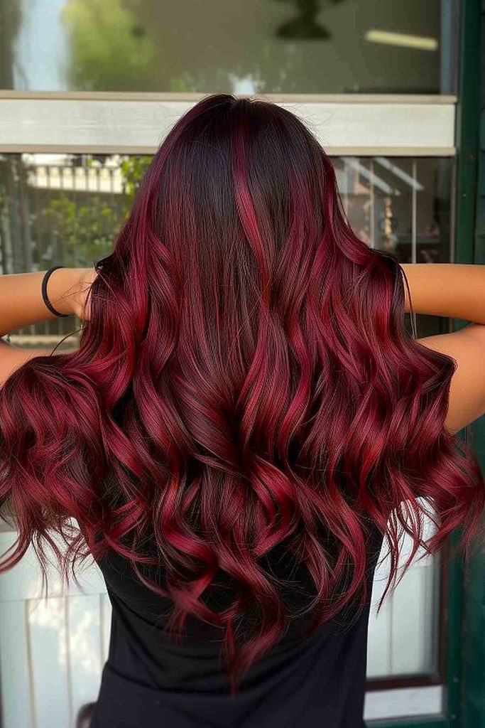 Long Loose Waves with Cherry Red Highlights