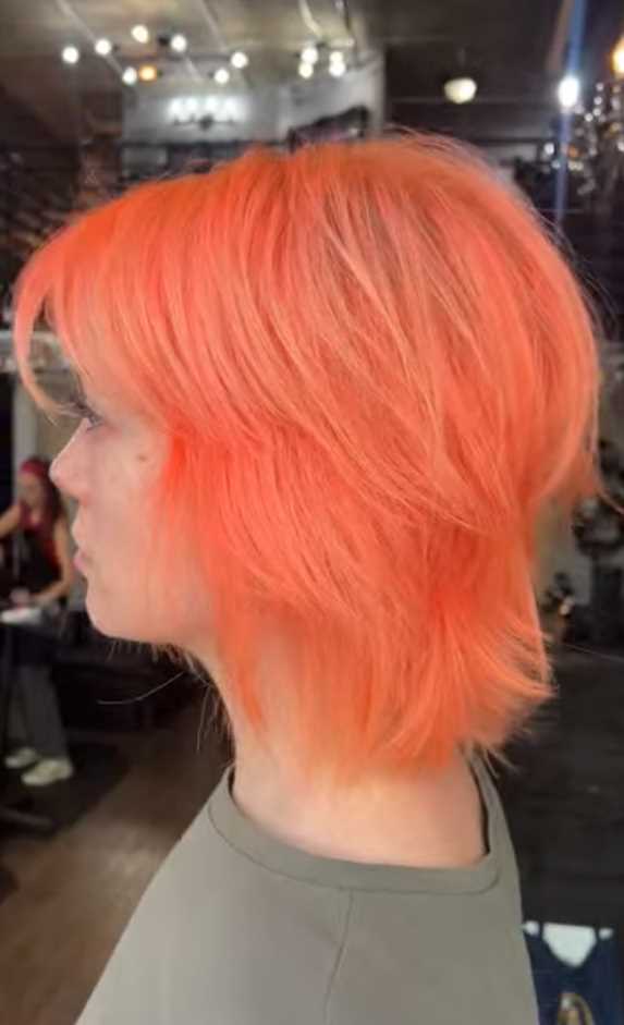 Peachy-Pink Wolf Cut with Feathered Ends
