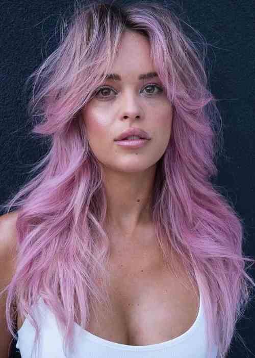Soft Lavender Balayage on a Wavy Wolf Cut