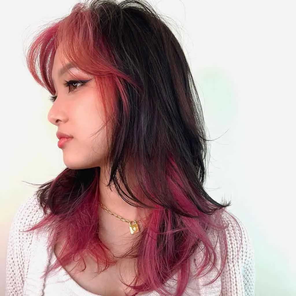 Textured Black Wolf Cut with Pink Highlights